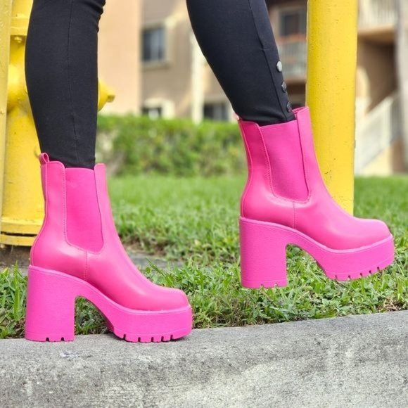 Shoes - Women's Platform Heel Boots Chunky Ankle Pink Color